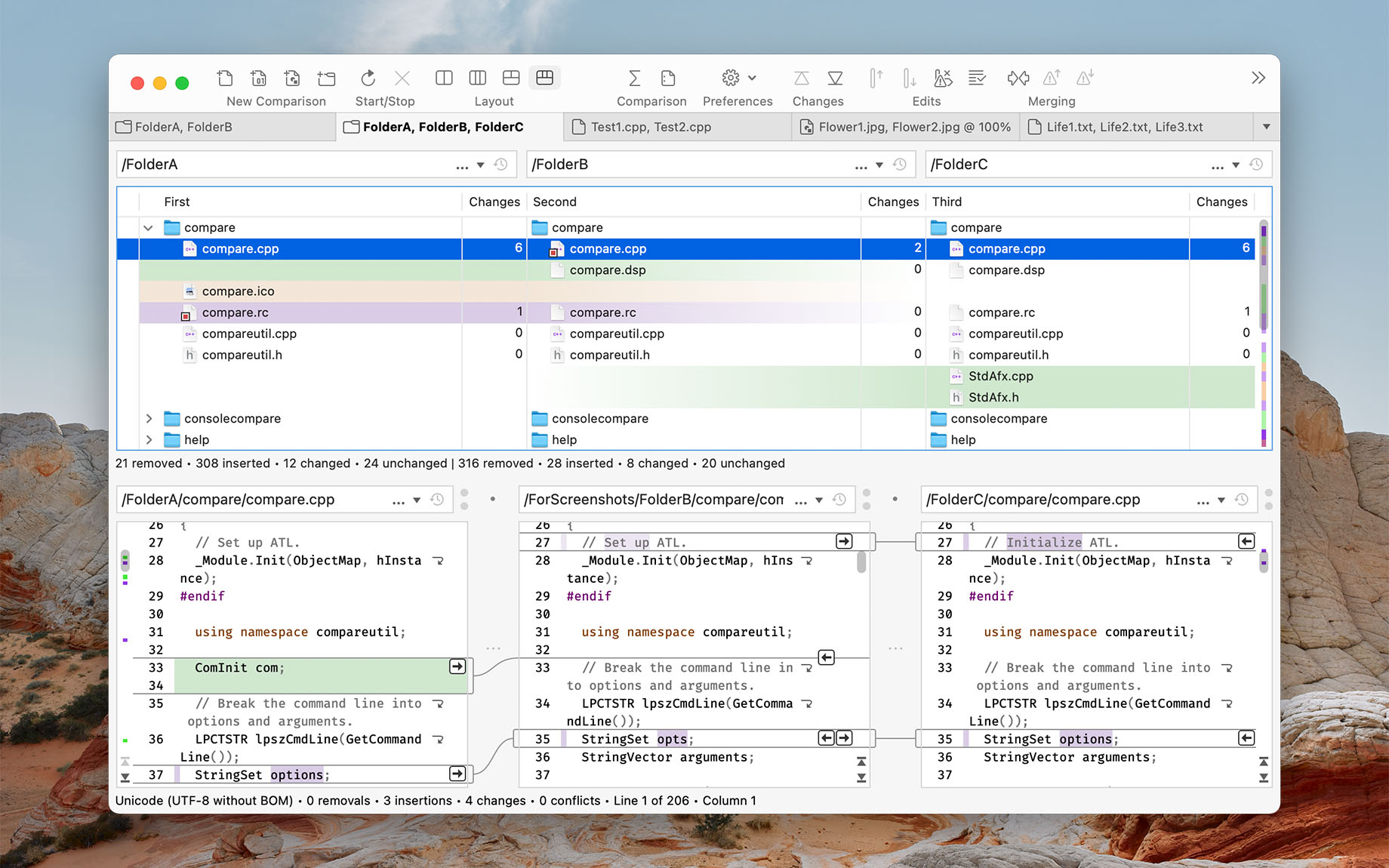 Three-way folder comparison with text comparison (Merge for macOS)